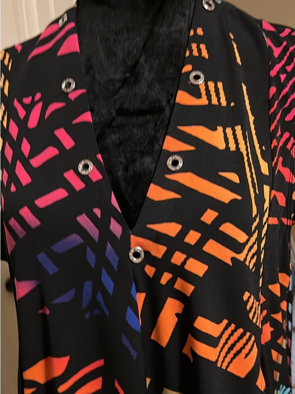 Joseph Ribkoff Black Tunic with Orange, Pink & Blue Abstract Print
